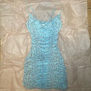 Baby blue rouged floral mini dress. Urban outfitters v-neck spaghetti strap xs